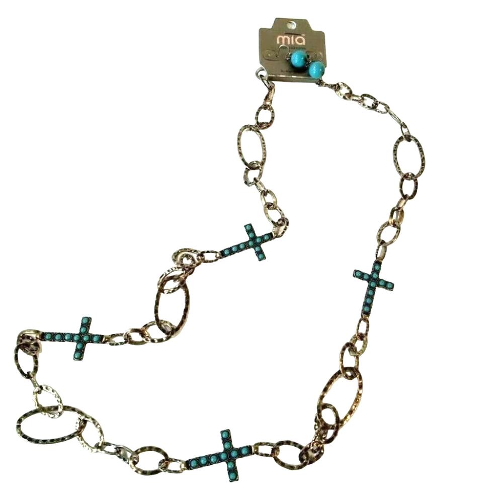 Mia Inspirations Faux Copper & Turquoise Earrings & Long Cross Necklace 2pc Set
